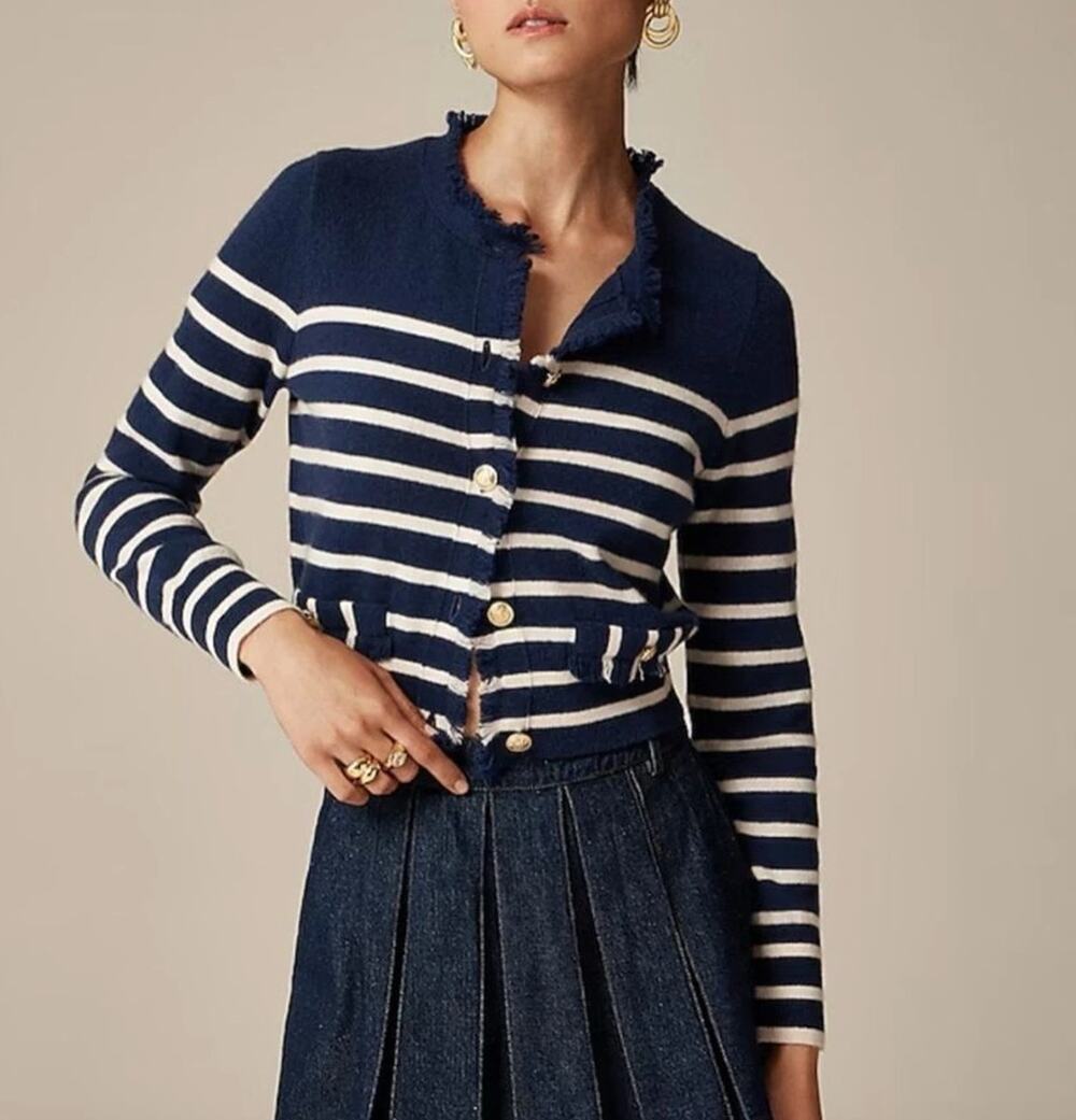 J.Crew Cashmere Fringe Trim Sweater Lady Jacket Striped Preppy Retro Small NWT